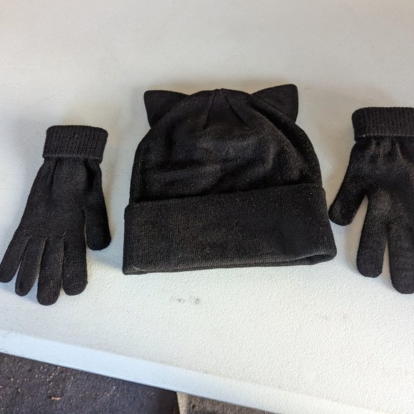 H&M Divided Beanie Hat Gold Studded "Meow" Cat Ears and Mittens Black - Picture 2 of 2